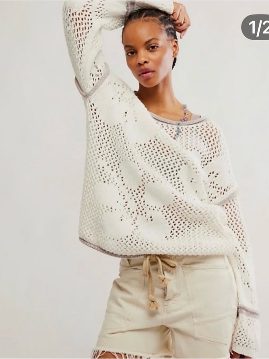 Free People Sweaters - Free People Cream Open-Knit Scoop Neck Sweater with Contrast Trim